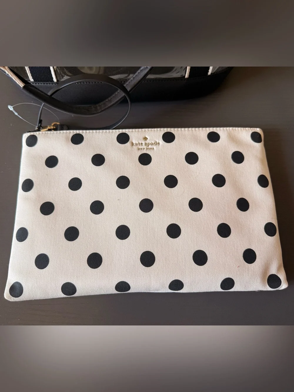 Like-new Kate Spade  Black & White Clear Tote with Polka Dot Pouch